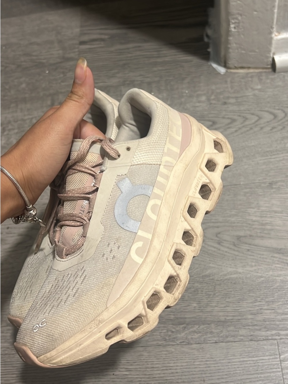 On Women's Cloudmonster Athletic Shoe in Light Pink and Cream